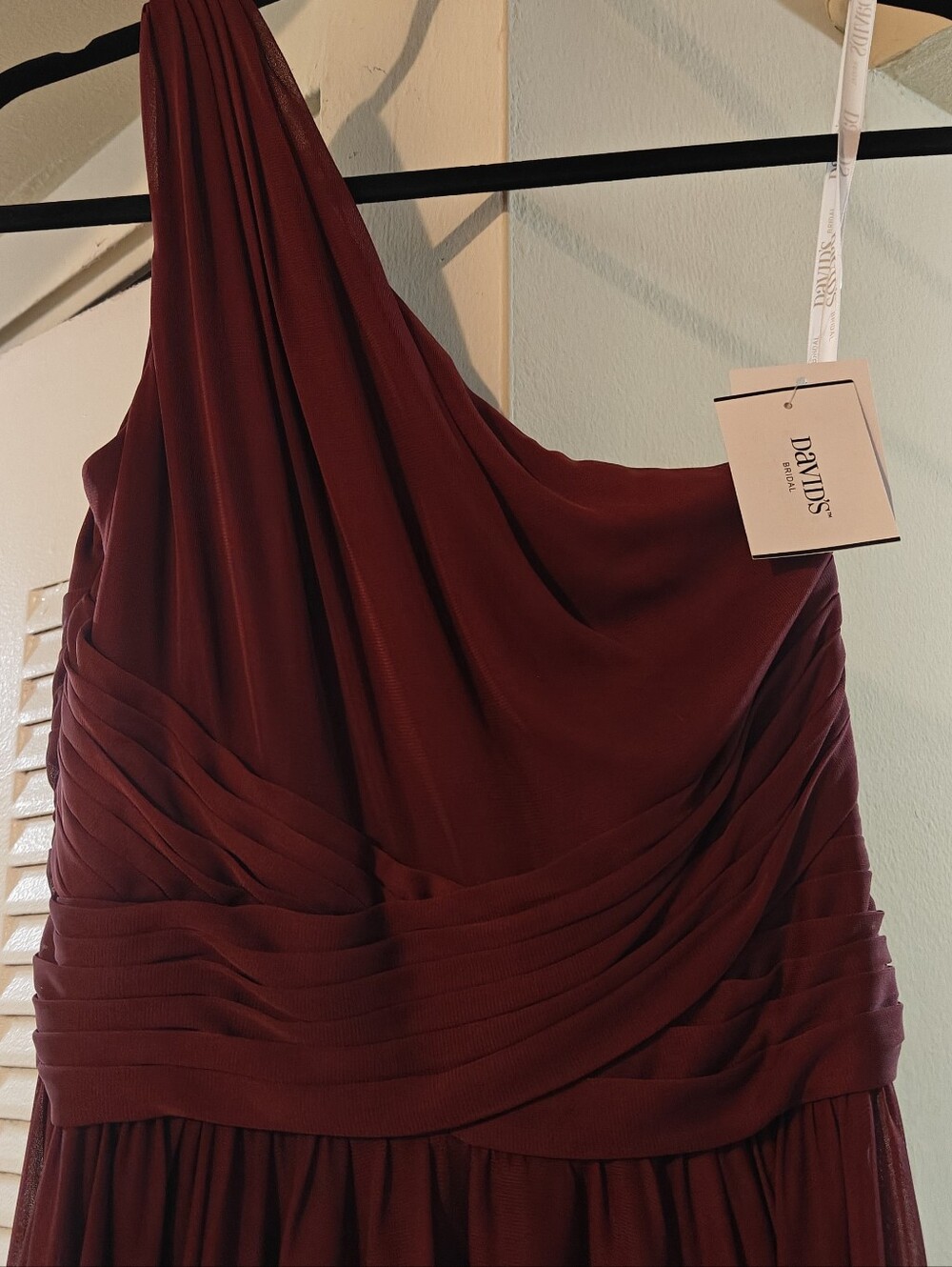 David's Bridal One-Shoulder Wine Red Draped Evening Gown